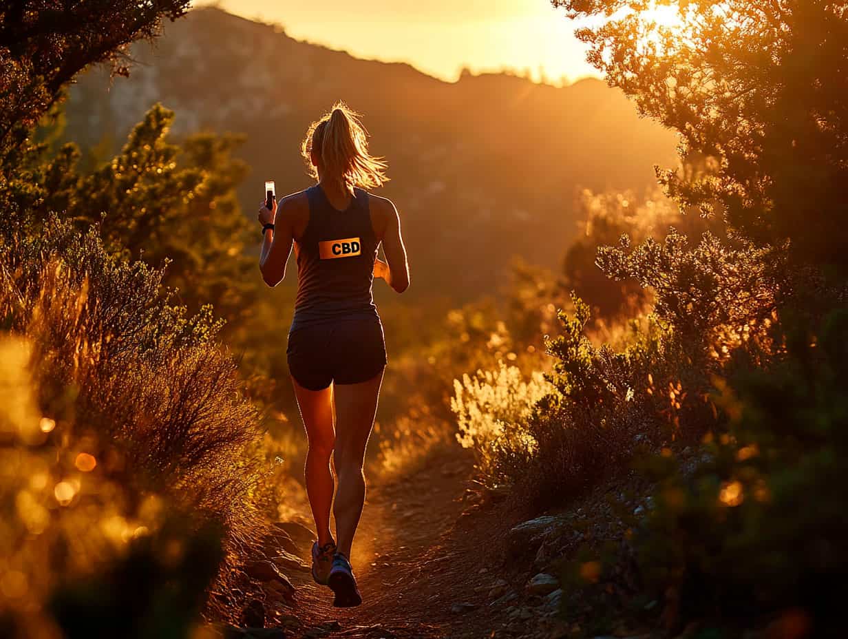 Ultra-marathon runner on a rocky trail using a CBD vape pen to support cannabis sport performance and maintain focus during endurance training.