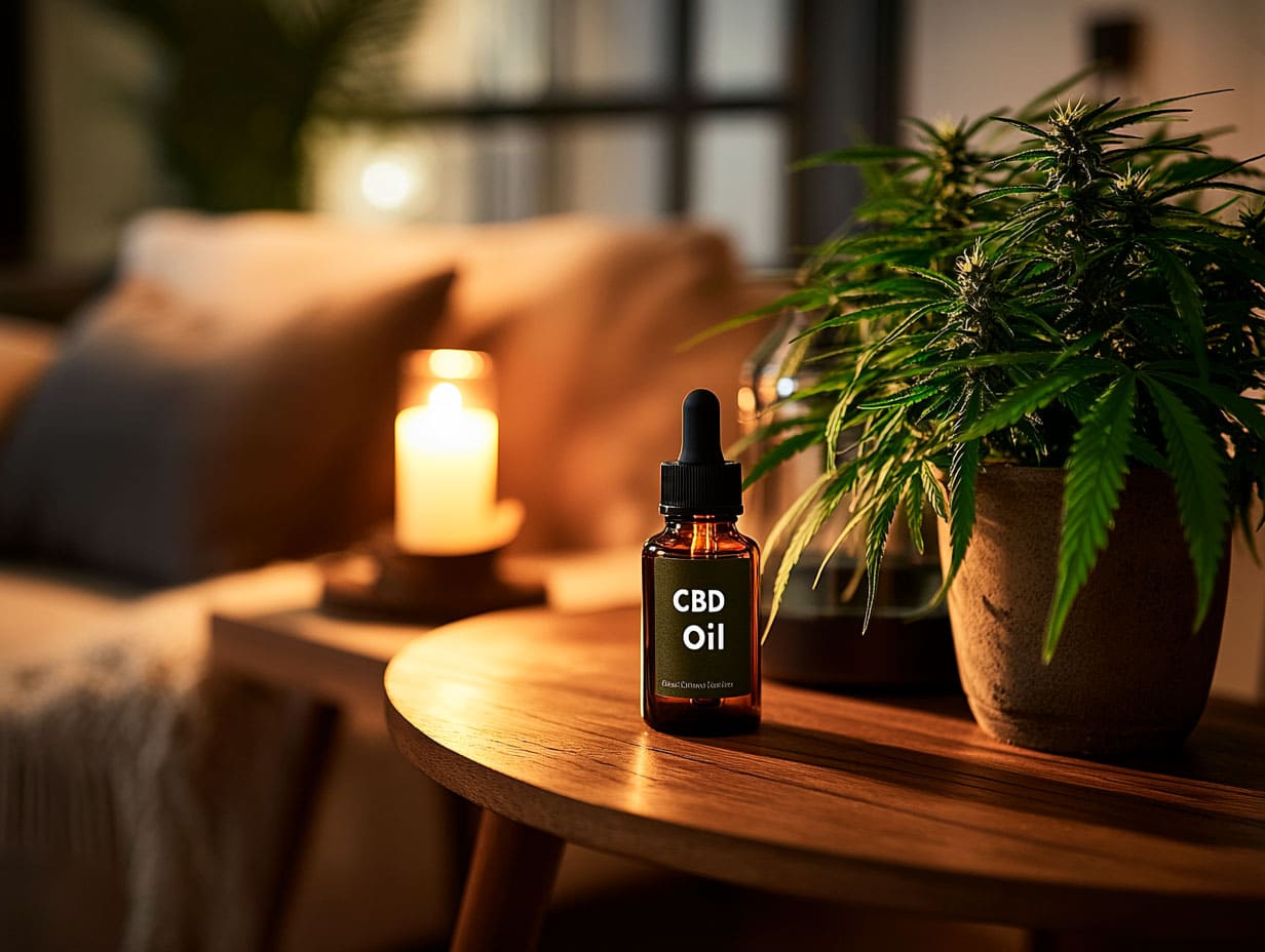Amber dropper bottle of CBD oil beside a candle and cannabis plant on a wooden table, illustrating the benefits of cannabis for relaxation and wellness.