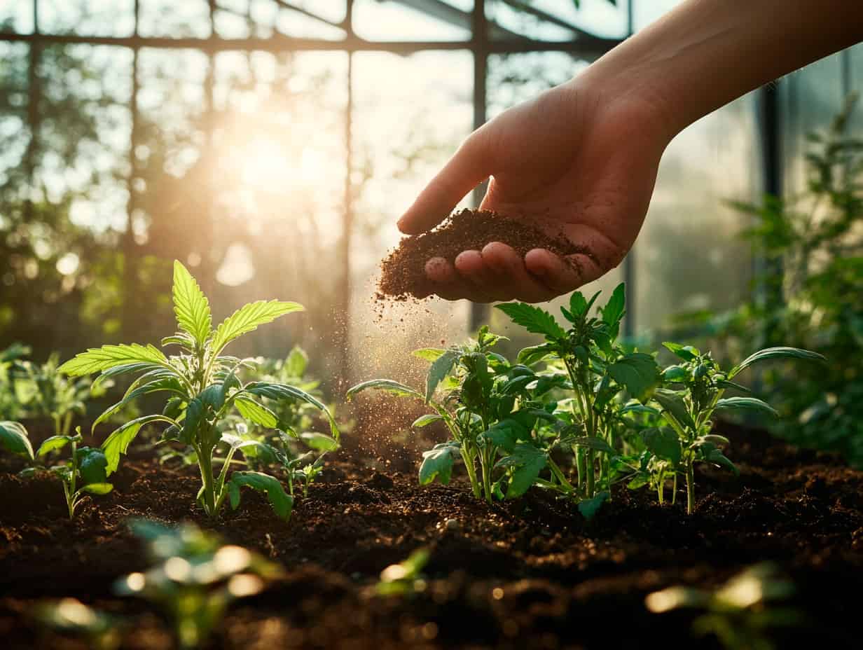 Close-up of lush cannabis foliage thriving in rich, dark compost, demonstrating growing cannabis organically for healthier plants.