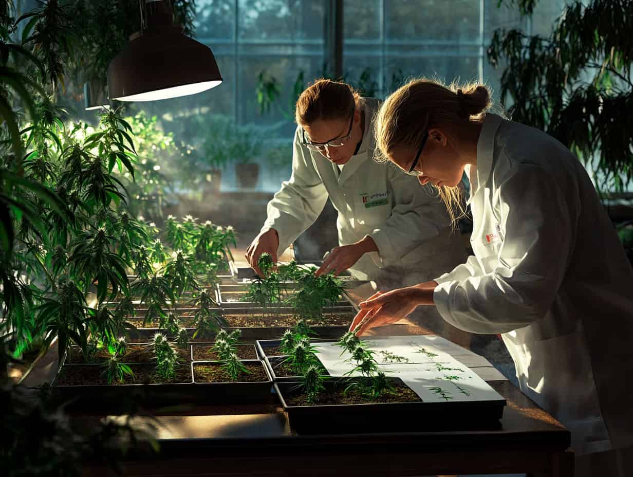 Close-up view of cannabis seeds labeled by strain for seed breeding