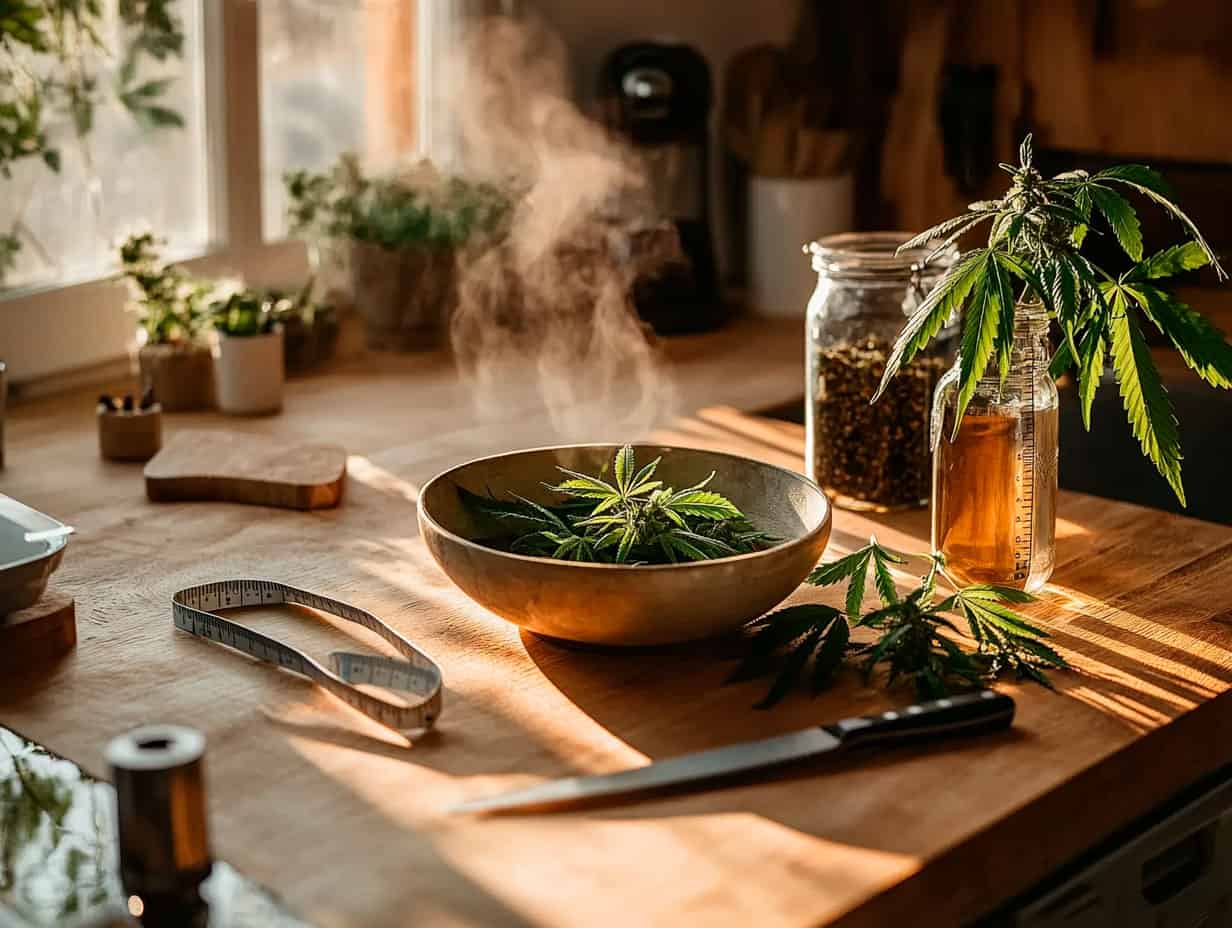 A person’s hand reaching for a bowl of fresh veggie sticks with a small cannabis leaf on a napkin, illustrating mindful eating during weed and weight loss.