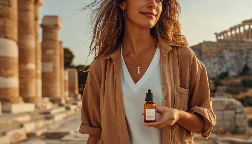 Tourist holding CBD oil near Greek ruins, reflecting cannabis legality for travelers in Greece